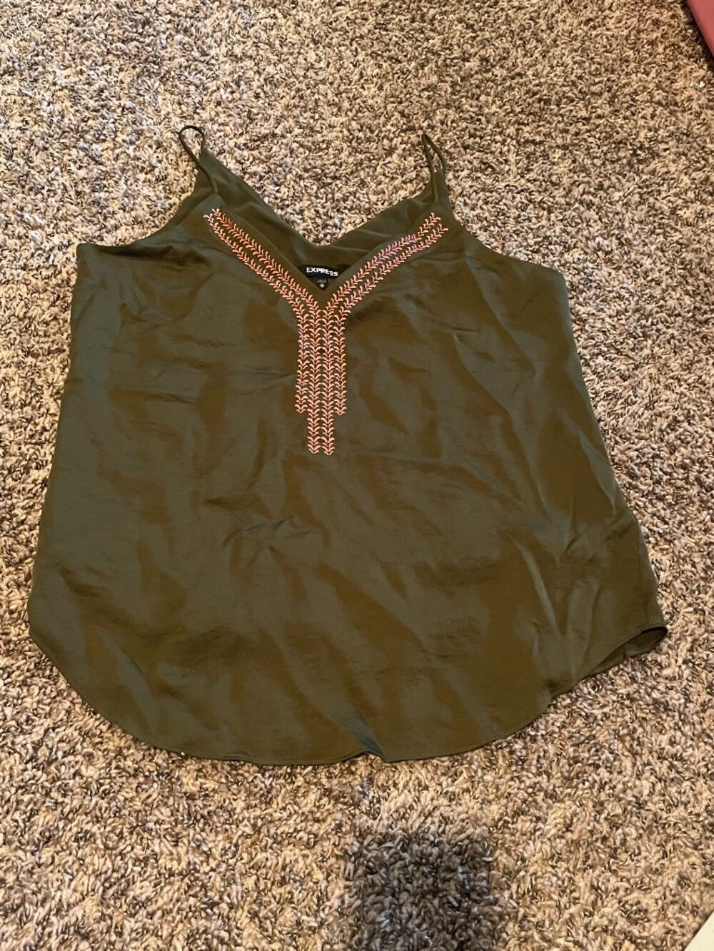 Express Olive Green Embroidered V-Neck Cami Tank Top Women's Medium Y2K